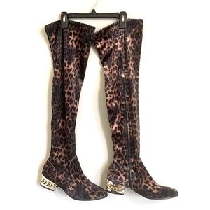 BAMBOO Leopard Faux Suede Flat Thigh High Boots Sz 10